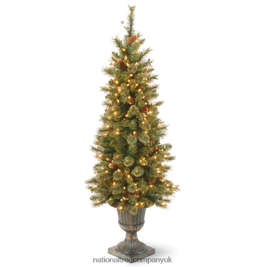Trees | National Tree Company Pre-Lit Artificial Entrance Christmas Tree Glittery Gold Pine Green White Lights Decorated with Berry Clusters Pine Cones Includes Metal Base 4 Feet F2L4F205